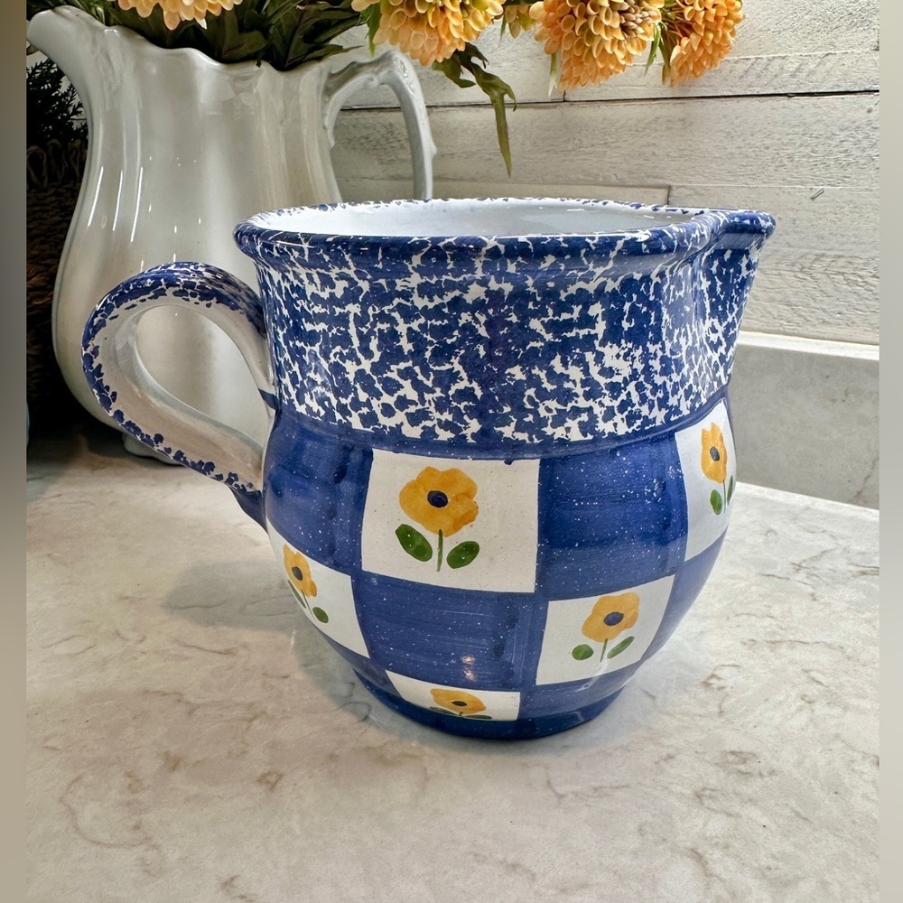 VINTAGE, HIMARK, HAND-PAINTED, SQUATTY-LOOK, STONEWARE PITCHER FROM PORTUGAL.